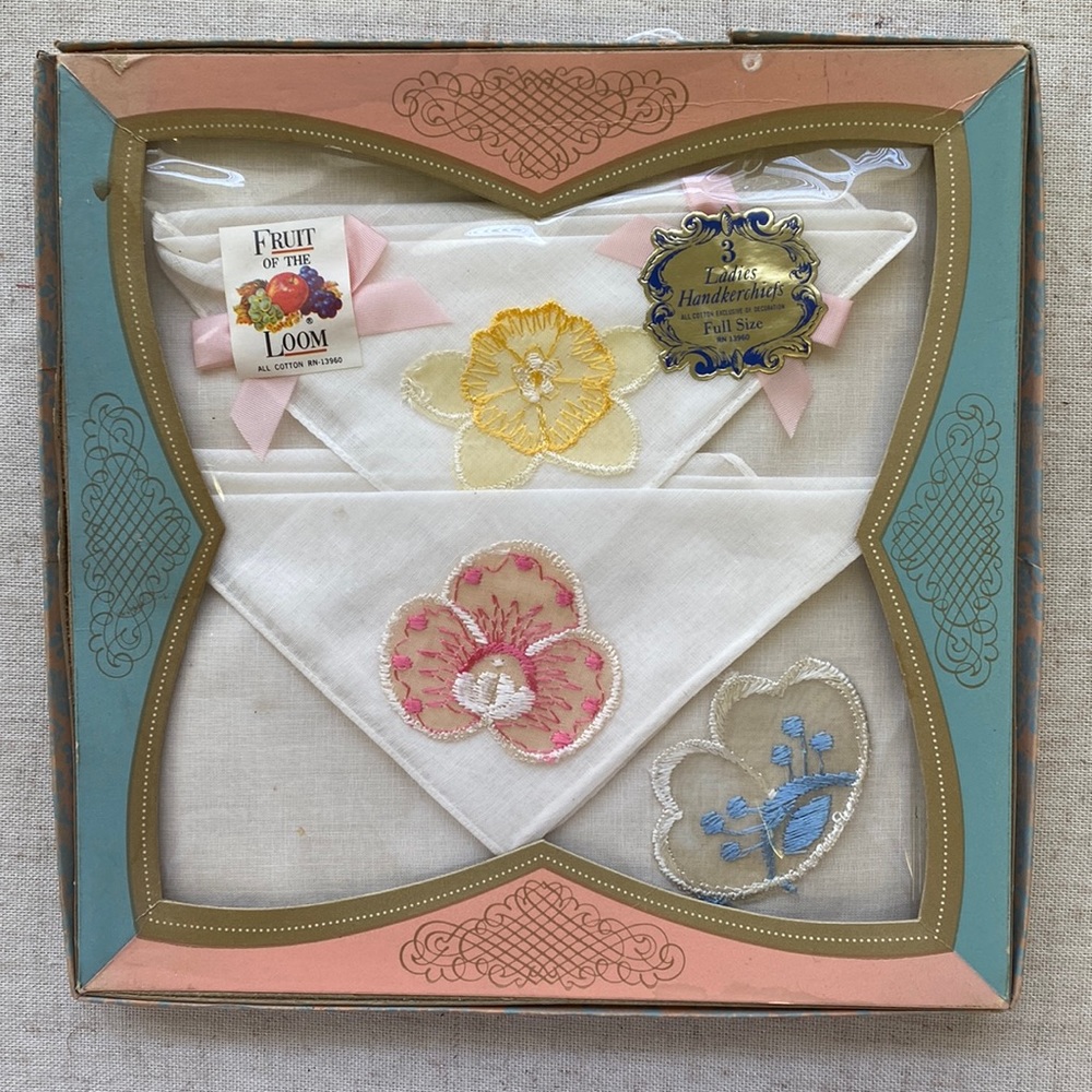 Boxed Set of 3 Vintage White Embroidered Cotton Handkerchiefs